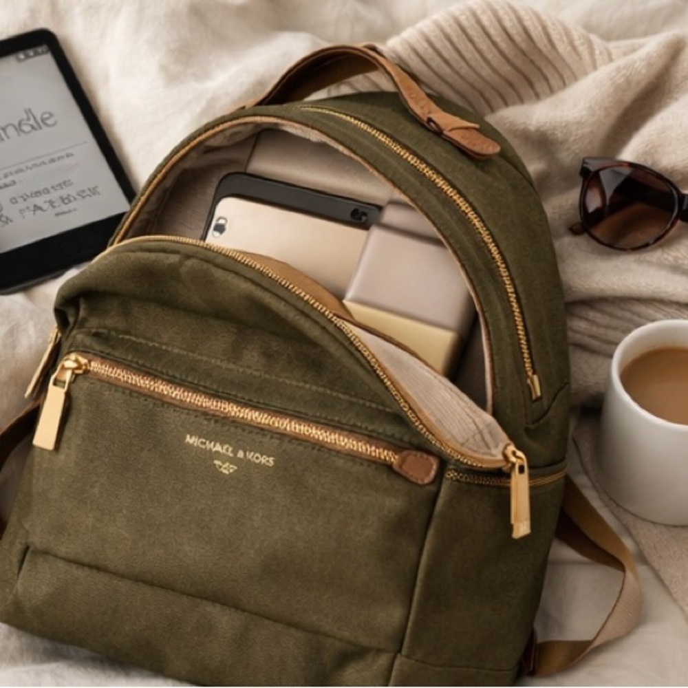 Michael Kors Olive Green Backpack Gold Hardware Travel Commuter Bag Like New